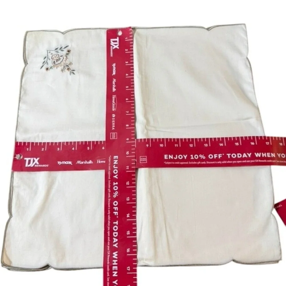 NEW Vintage Ivory Scalloped Napkins Floral Embroidery Set of 12 Square 17.5in